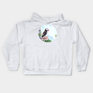 Atlantic Puffin sitting on the rocks Kids Hoodie